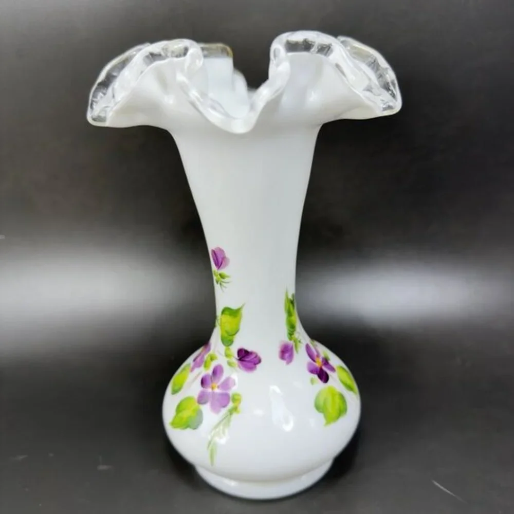 Fenton Hand Painted Violet Flowers Art Glass Vase‎ Vessel Ruffled Top Vintage